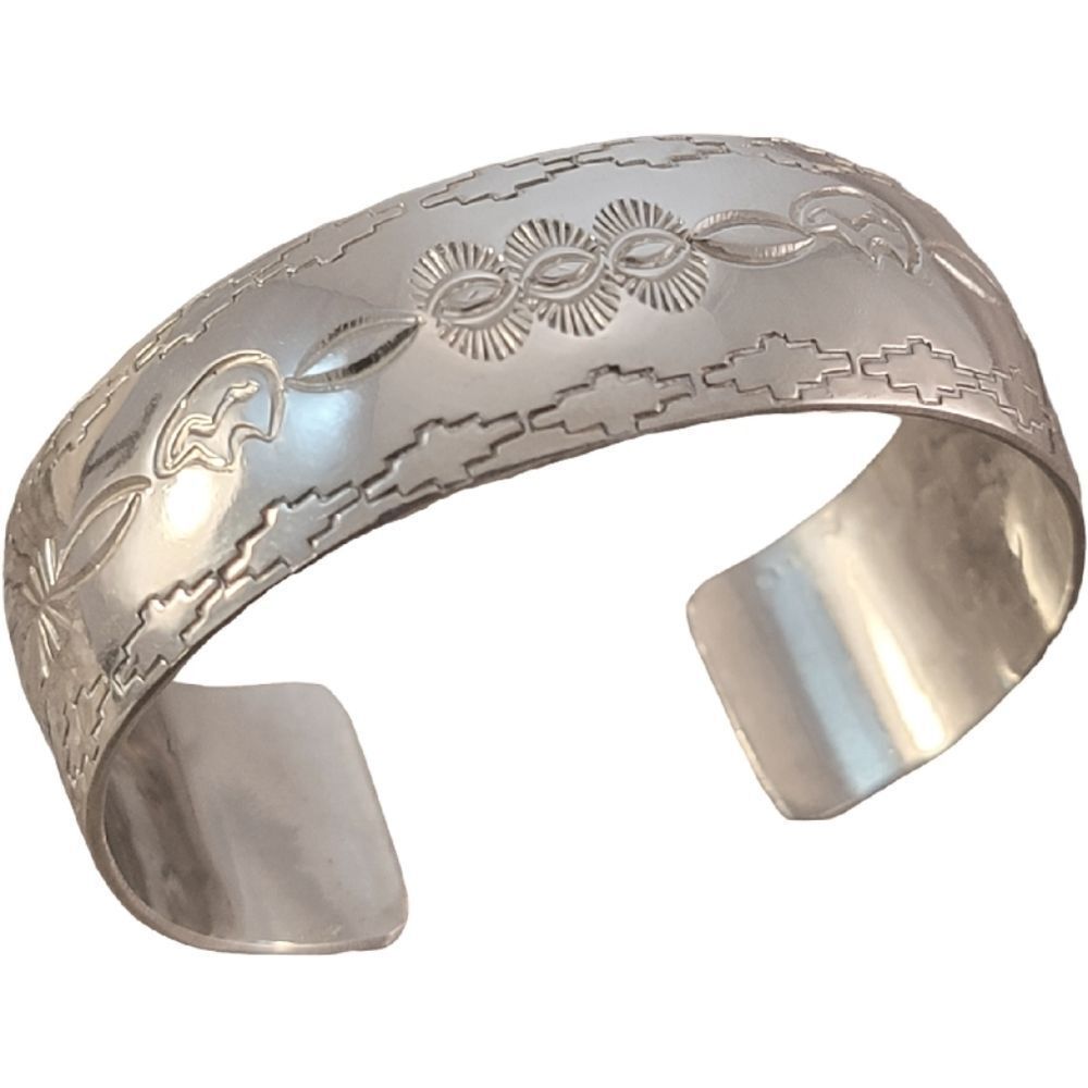 Belinda Woody Sterling Silver Navajo Stamped Wide Cuff Bracelet